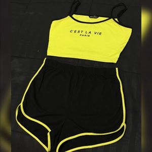 Black & Lime Green Crop Top Shirt & Shorts